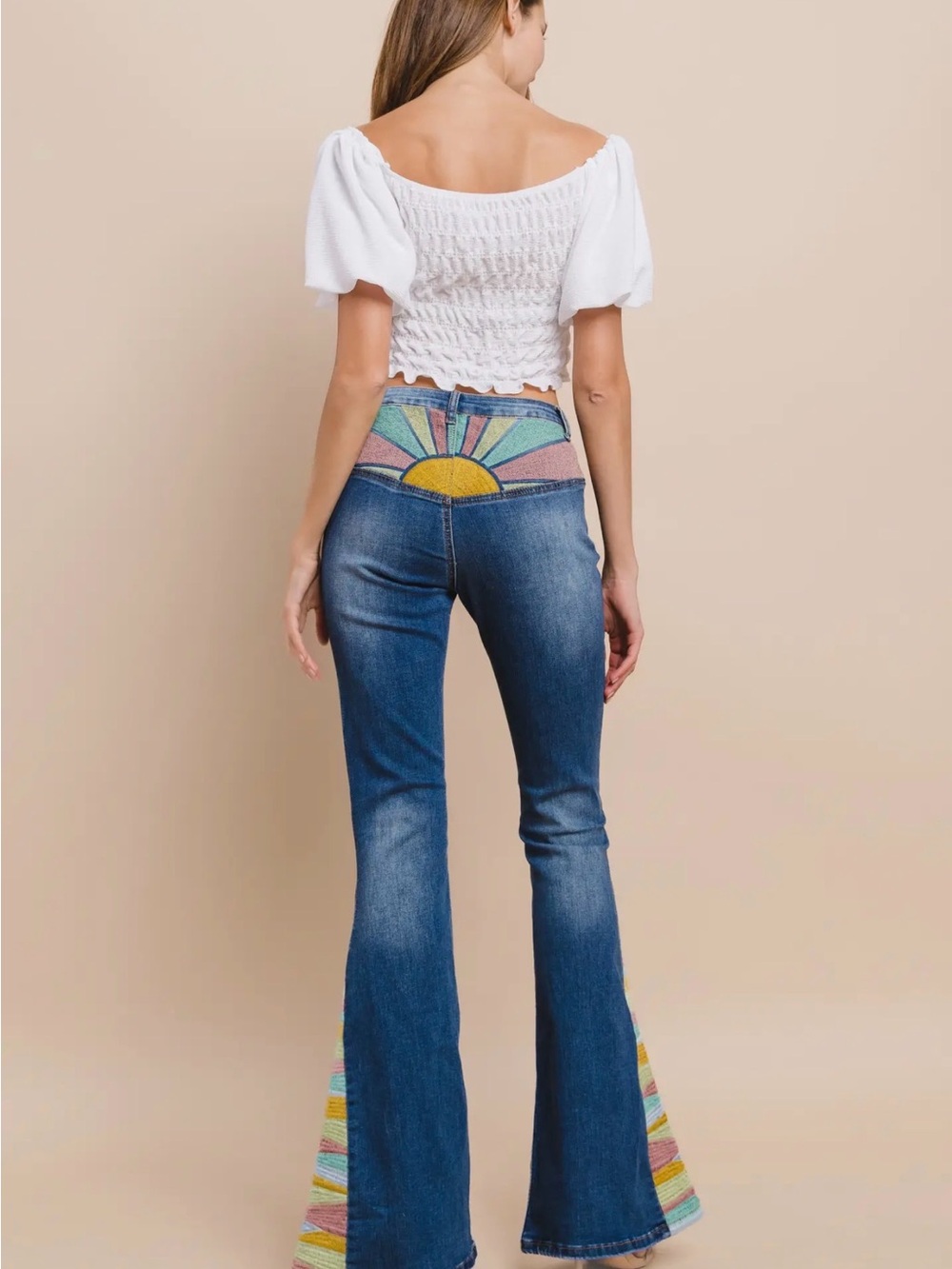 Sunrise Embellished Back Panel Flare Jeans - Blue